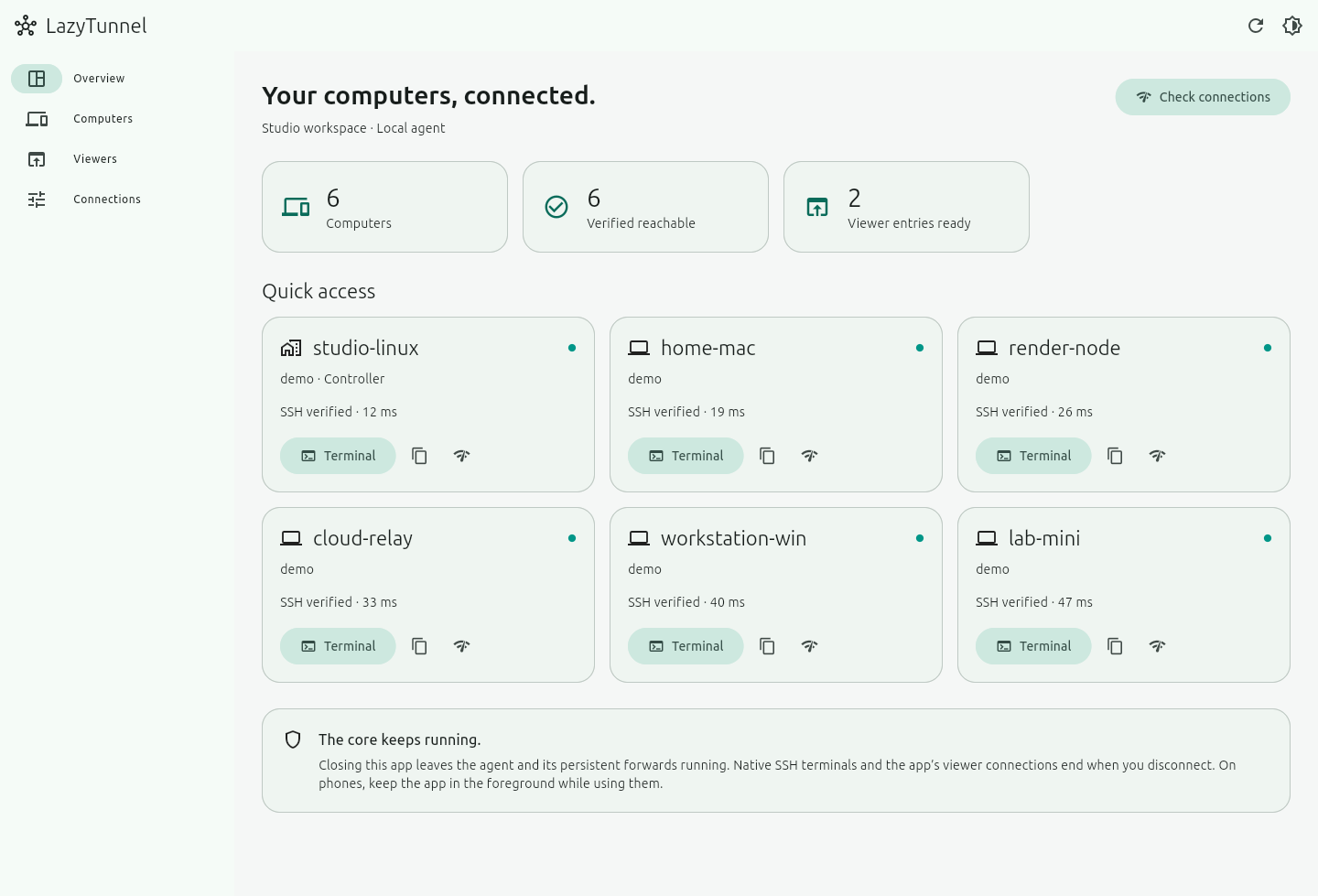 Native LazyTunnel application showing a sample fleet of six computers and private viewers